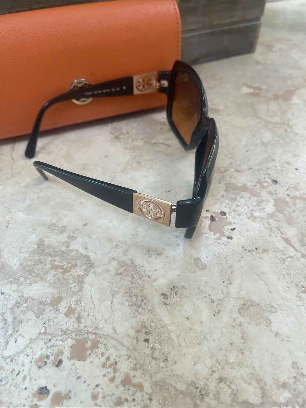 Tory Burch Black Oversized Sunglasses with Orange Logo Case